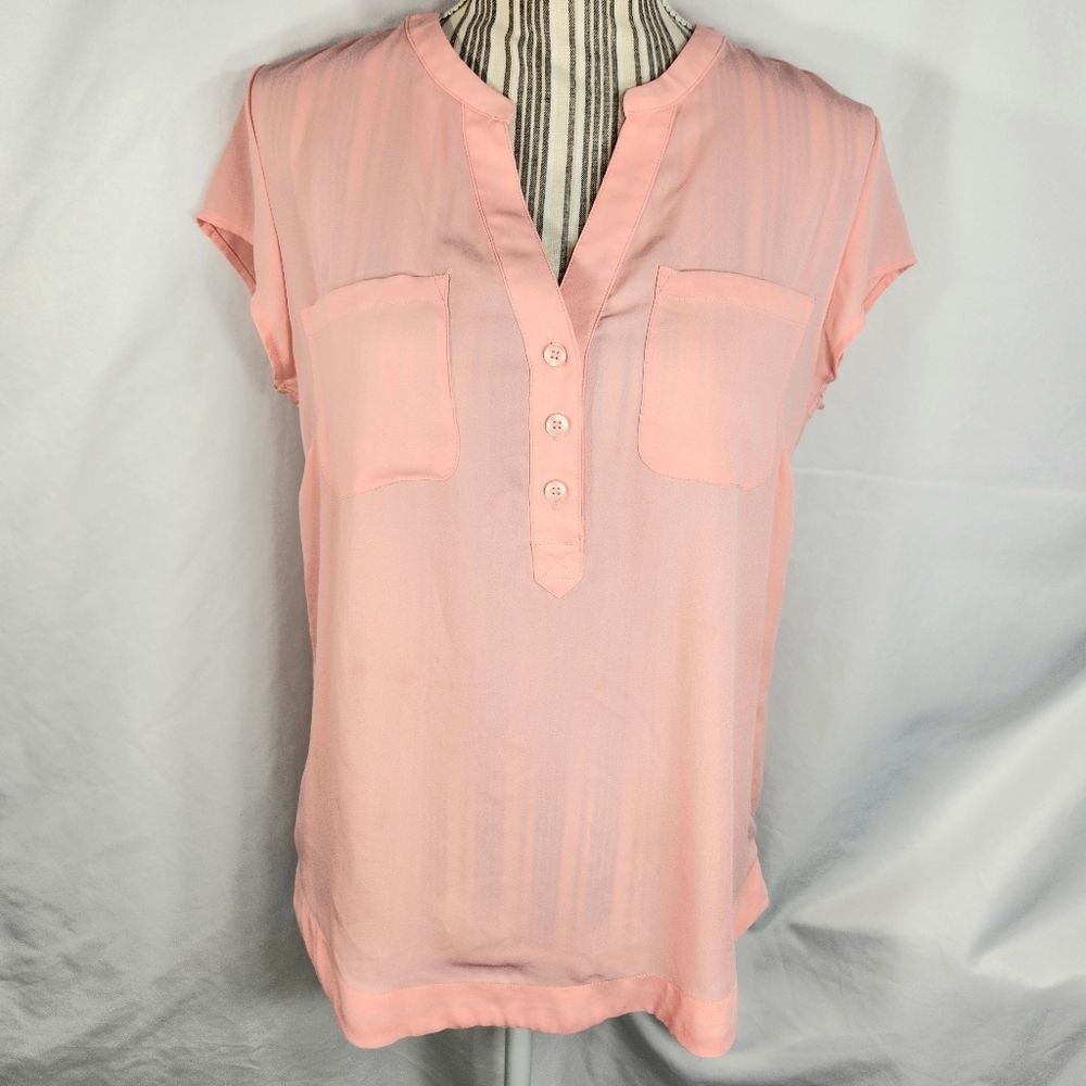 NY & Co. Orange V Neck Partial Button Cap Sleeve Top w/Pockets Size Small